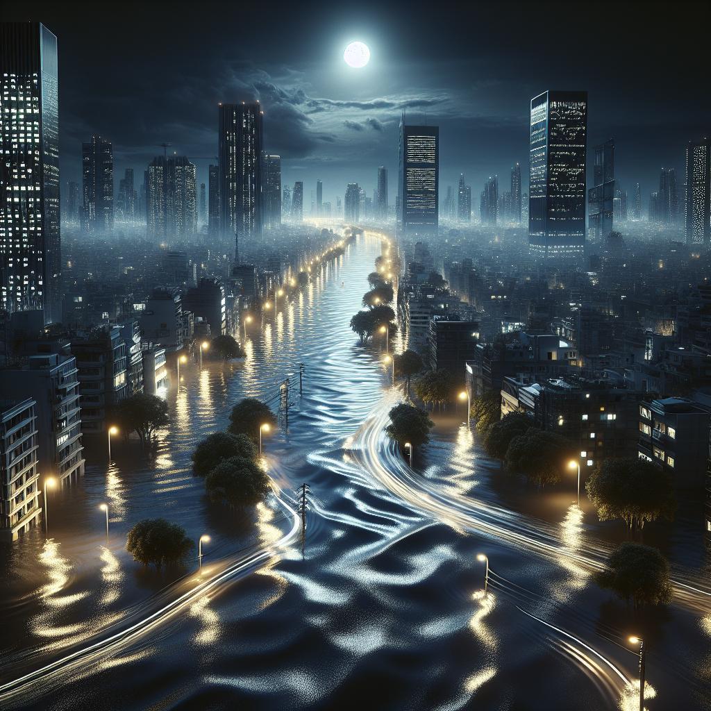 Flooded city at night