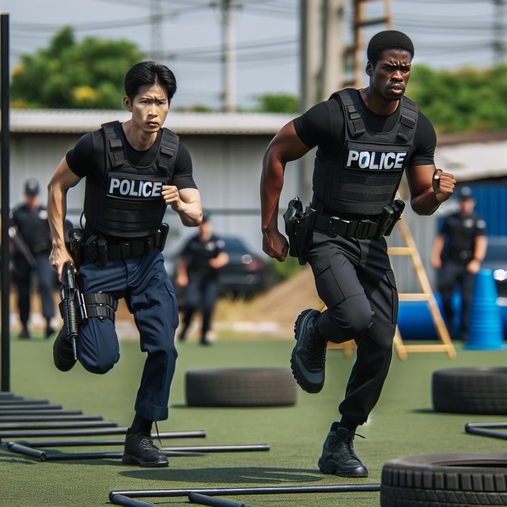 Police officer training outdoors.