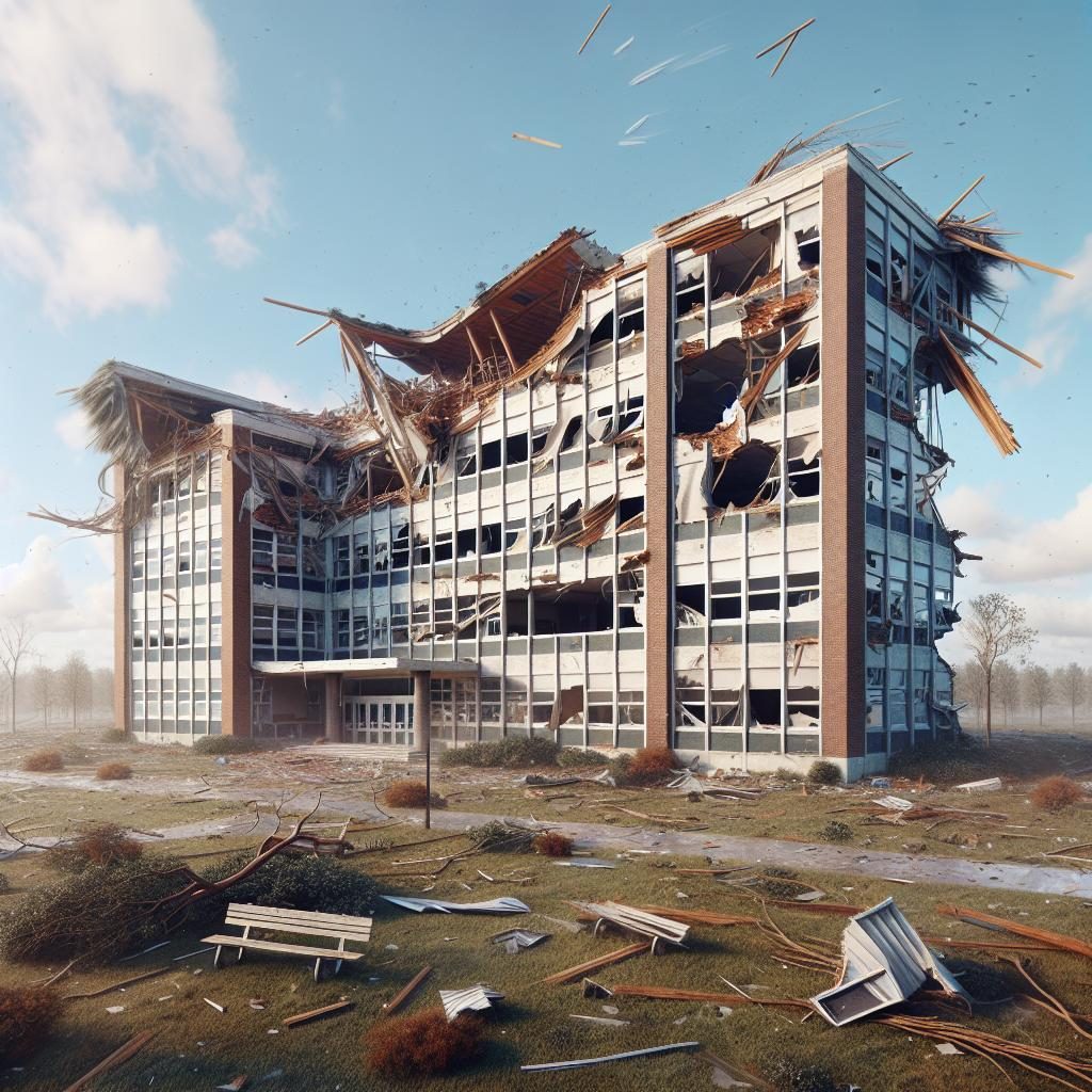 Wind-damaged school building.