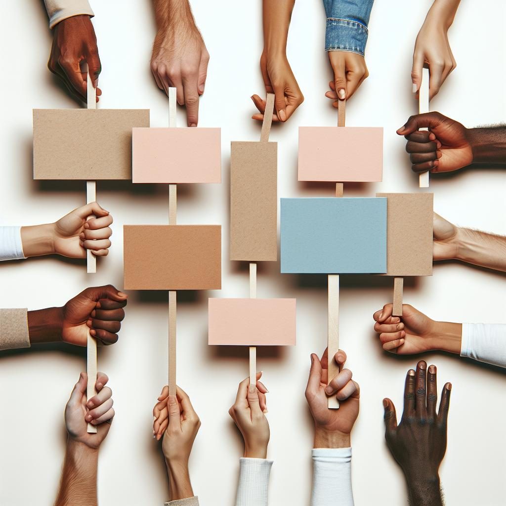 Diverse hands holding signs