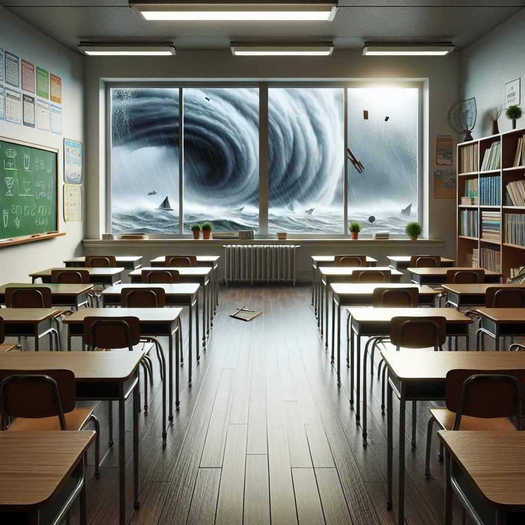 Empty classroom during hurricane.