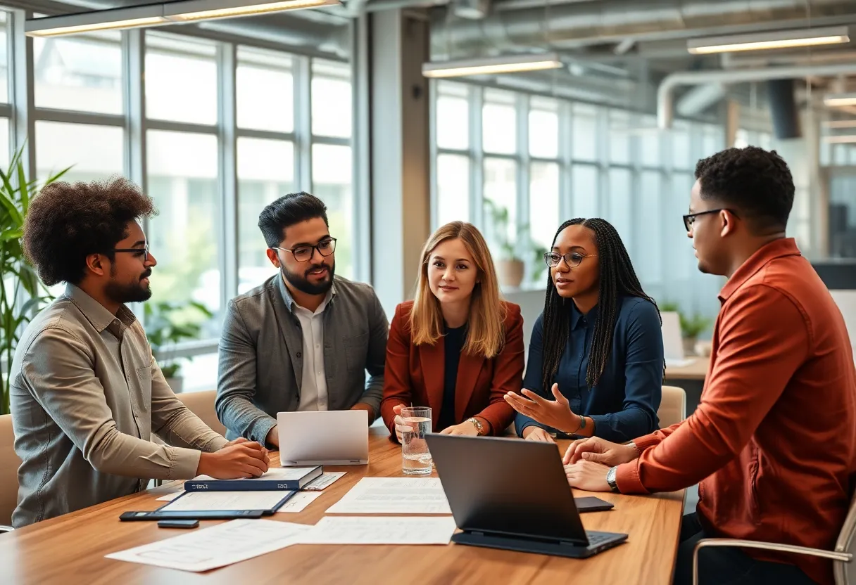 Diverse marketers collaborating in an office environment