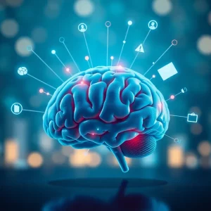 Illustration of a brain connected to digital marketing icons.