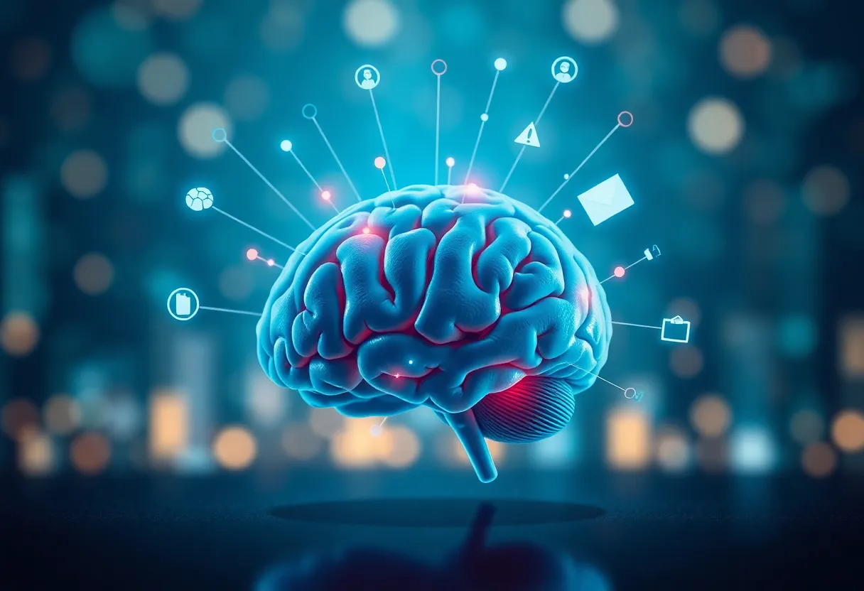 Illustration of a brain connected to digital marketing icons.