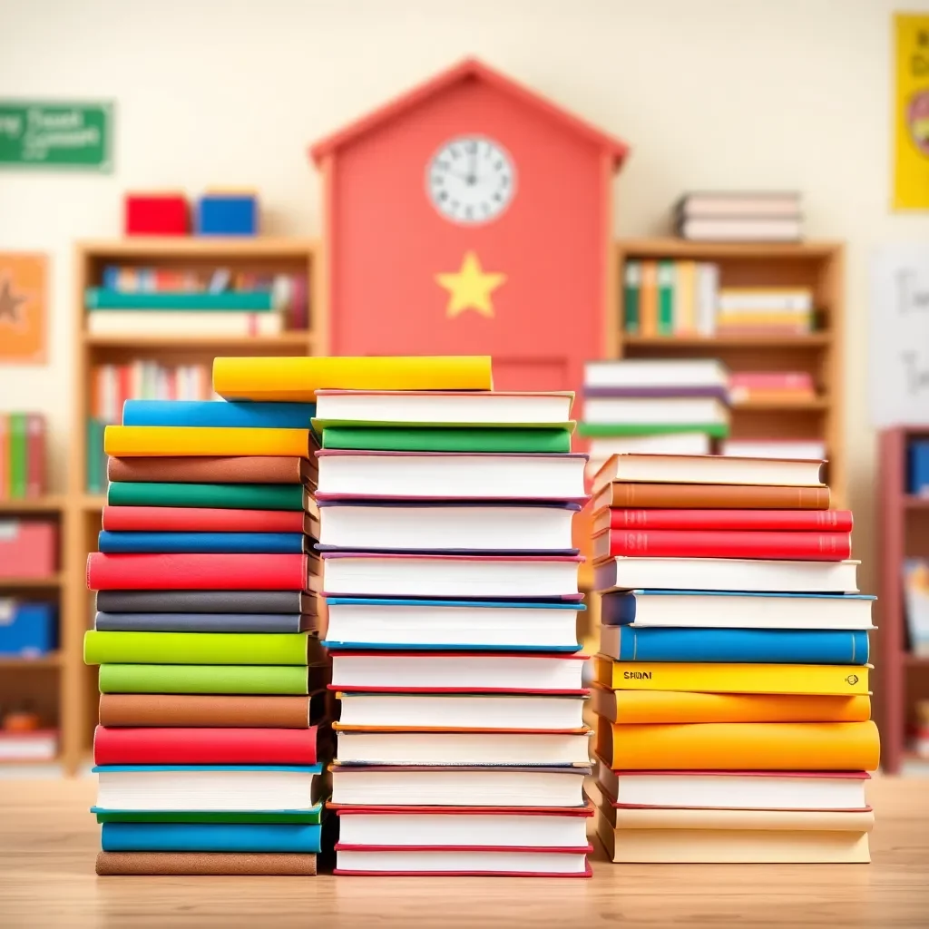 Colorful books stacked with a school backdrop.