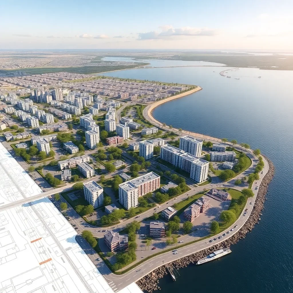 Urban development blueprint overlaying a scenic waterfront view.