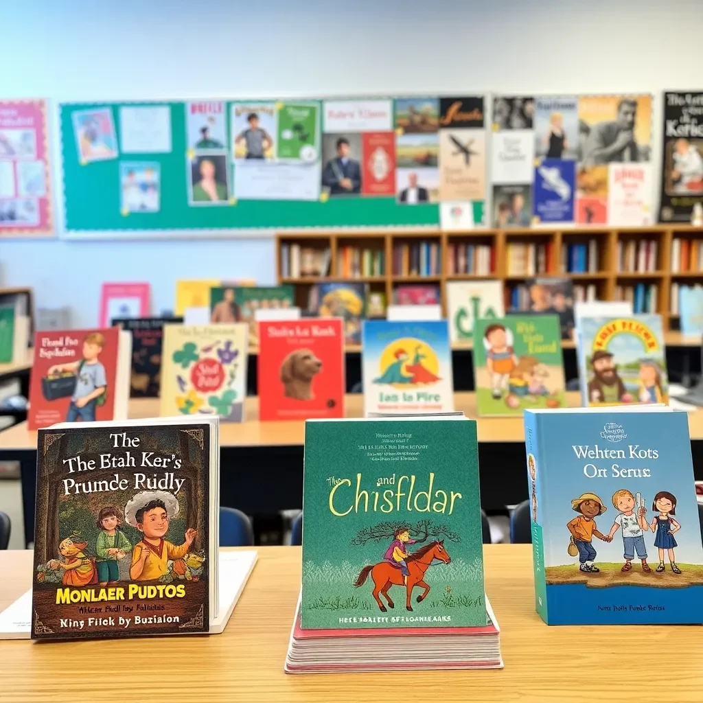 Books with diverse covers in a classroom setting