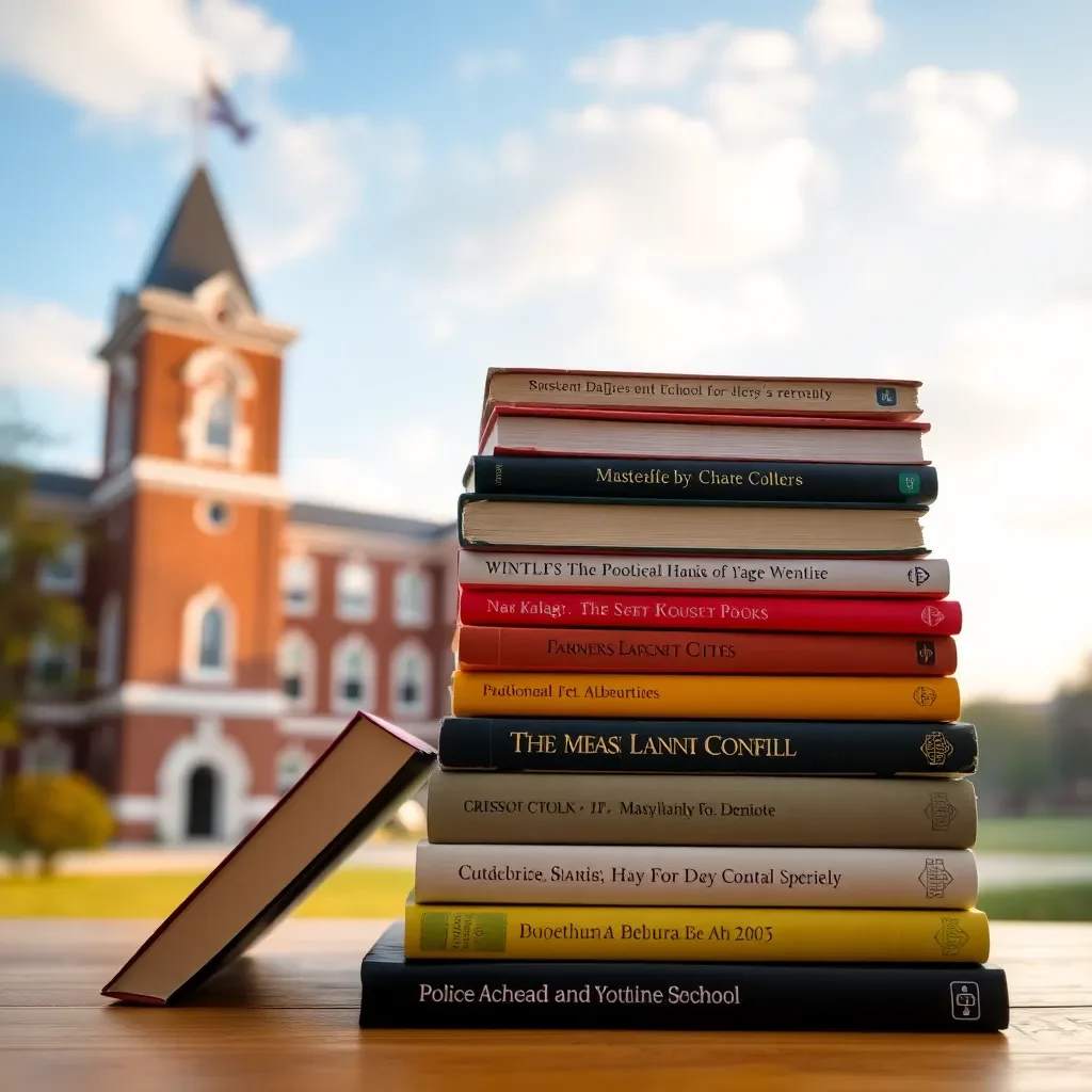 Books stacked with a school building silhouette in background.