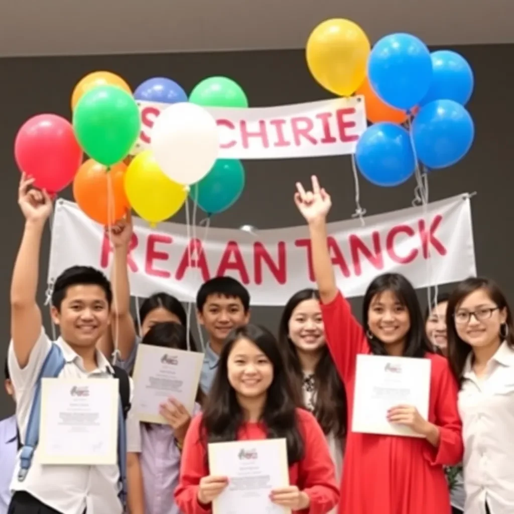 Students celebrating academic achievements with colorful balloons and banners.