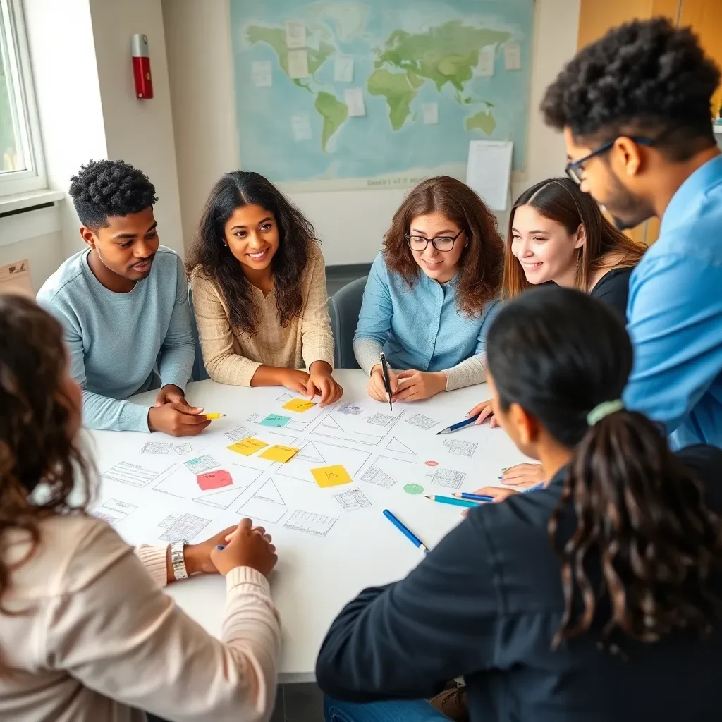 Diverse students collaborating in creative brainstorming session.