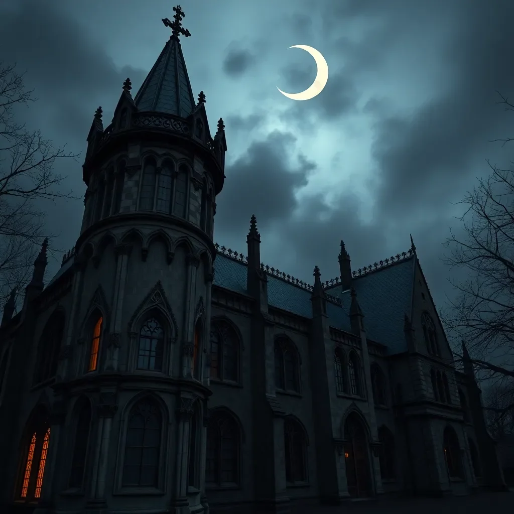 Spooky Gothic architecture under a crescent moon.