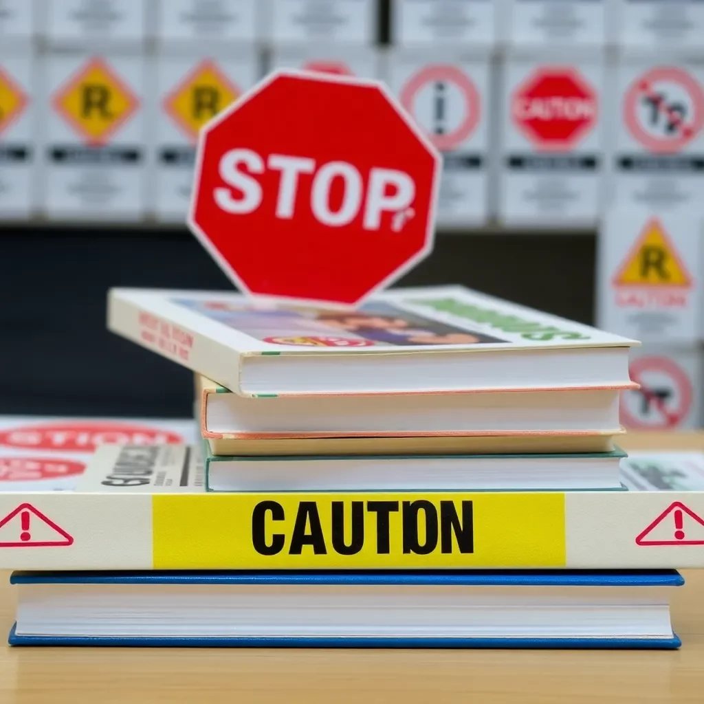 Stack of books with caution tape and regulations signage.