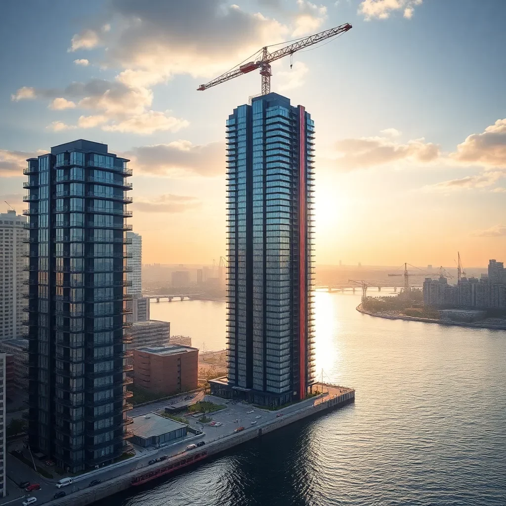 Urban development project with waterfront views and cranes.