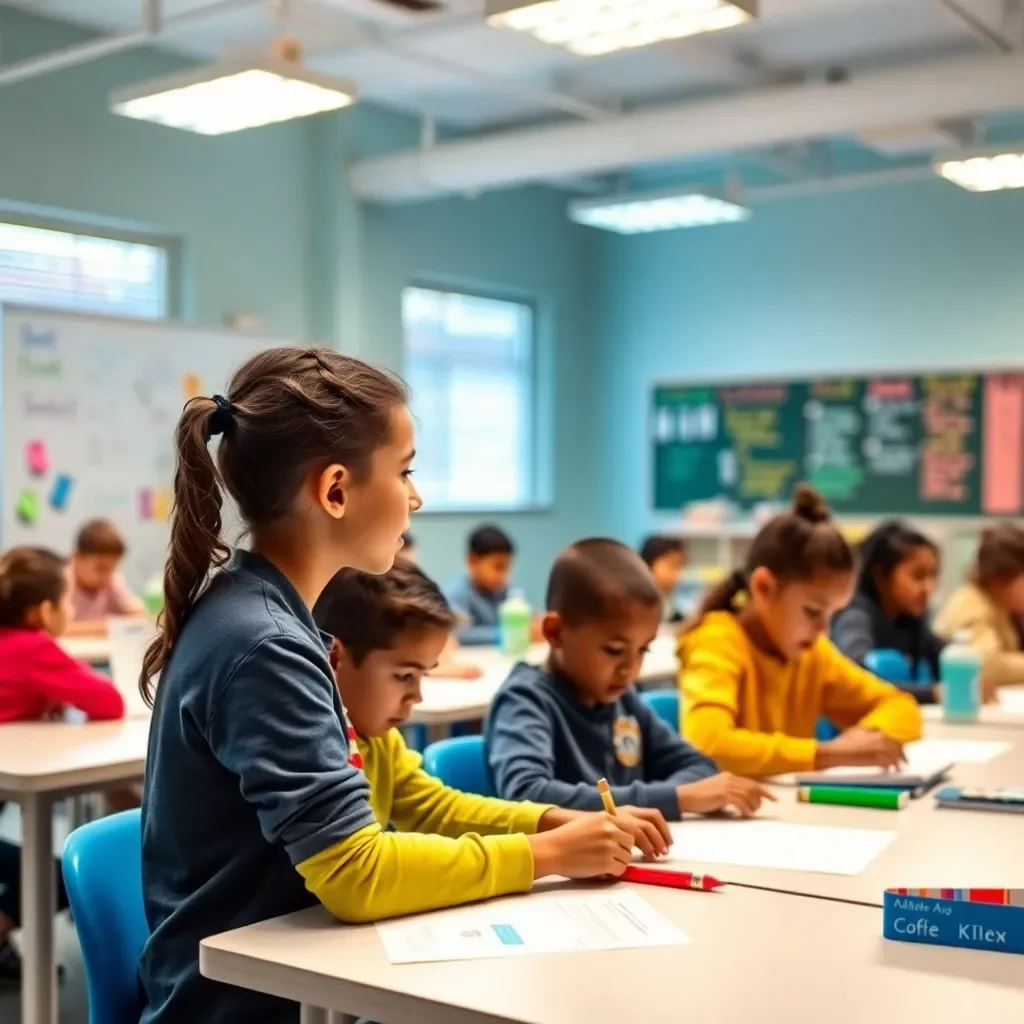 Bright classroom with students engaged in learning activities.