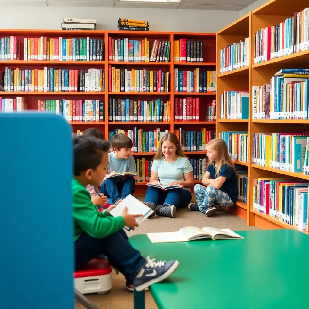 Colorful school library with diverse books and students' engagement.