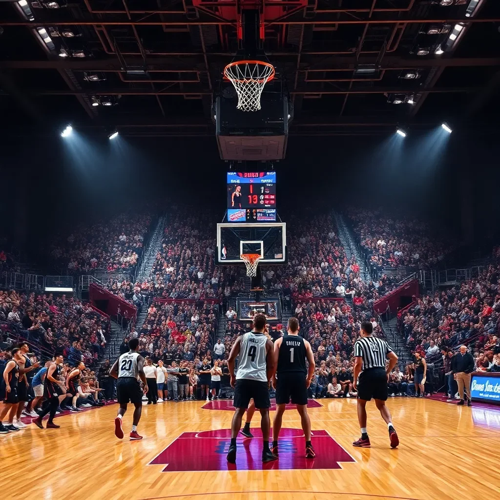 Basketball court during an intense game atmosphere.