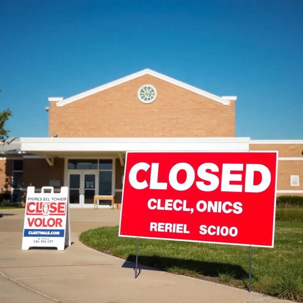 Election signage in front of closed school buildings.