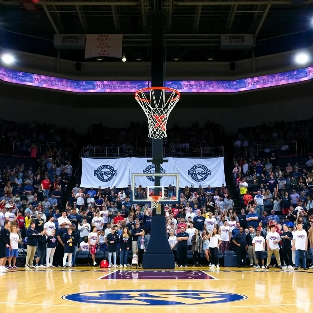 Basketball court with cheering crowd and team banners.