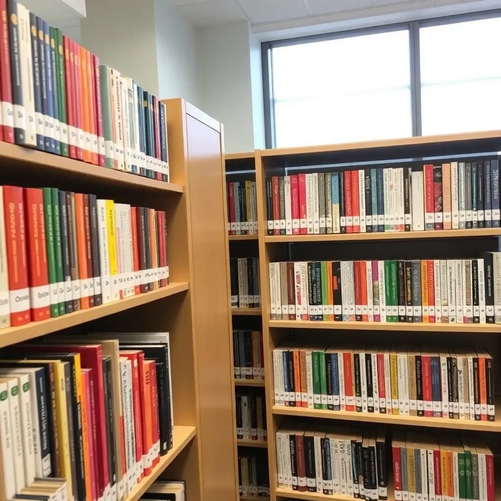 Bookshelves with new regulation labels in school library.