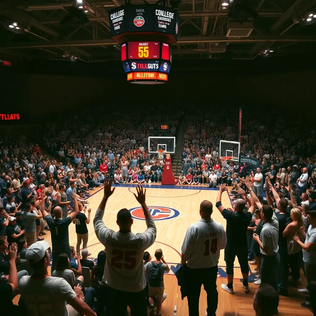 College basketball court with enthusiastic crowd cheering.