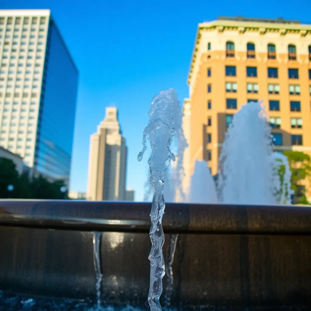 Leaking water fountain with city buildings in background.