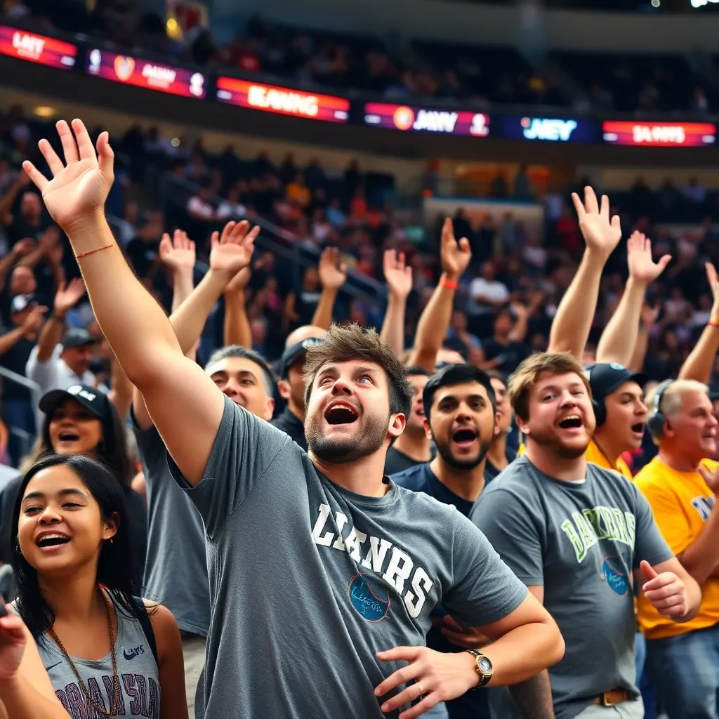 Celebratory basketball fans cheering in a lively arena.