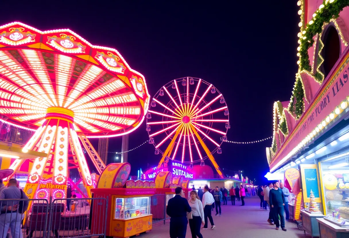 Vibrant carnival rides with festive lights and food stalls.