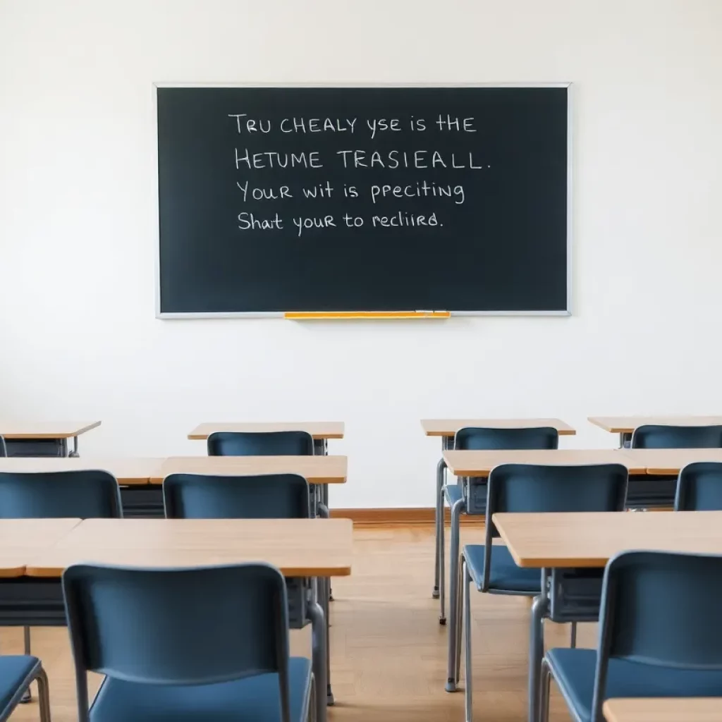 Classroom with empty desks and a chalkboard message.