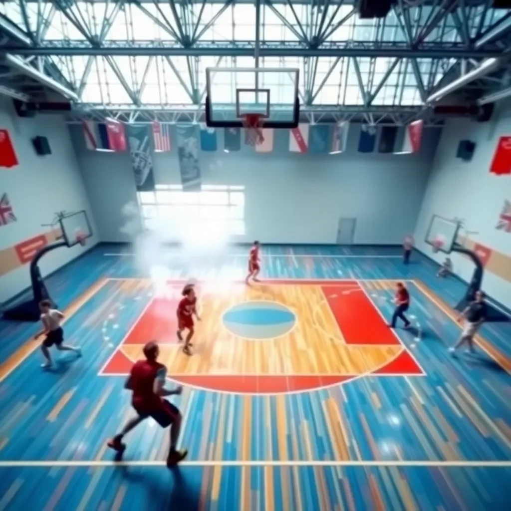 Dynamic basketball court with vibrant team colors and energy.