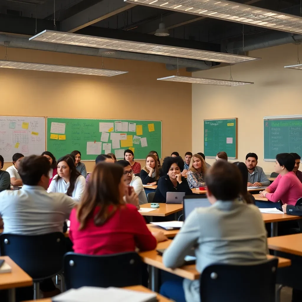 Classroom filled with enthusiastic teachers collaborating together.