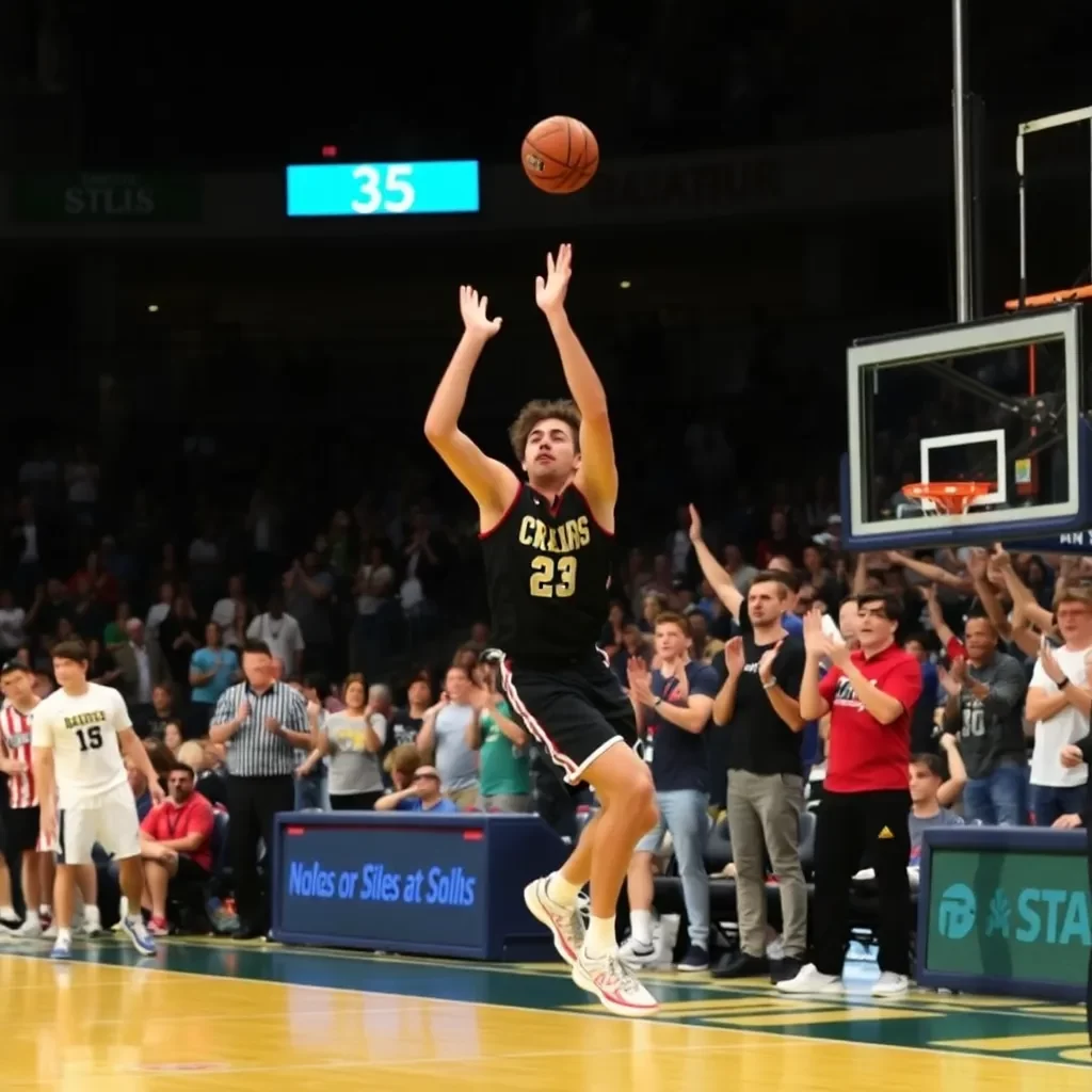 Exciting basketball game moment with cheering fans.