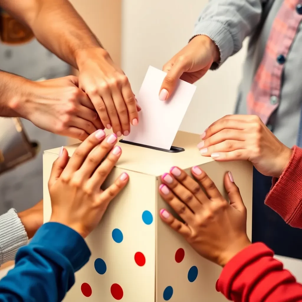 Colorful ballot box with diverse community voters' hands.