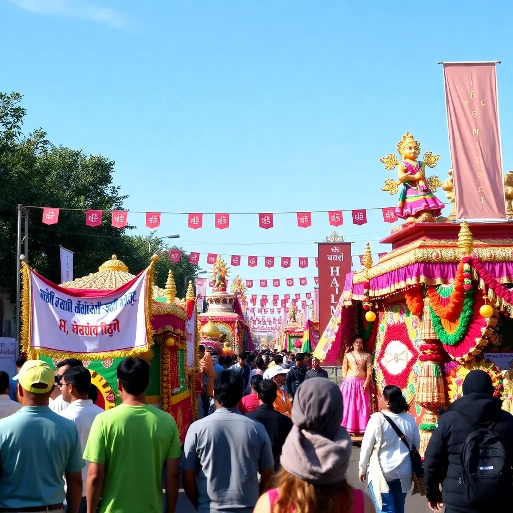 Colorful floats and banners at a festive parade setting.