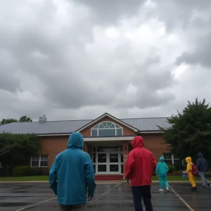 School building surrounded by storm clouds and rain gear.