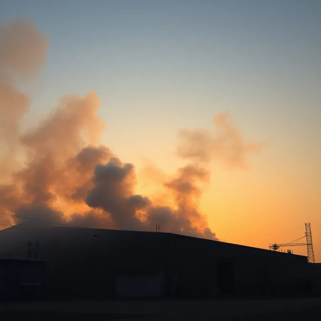 Smoke billowing from a burning warehouse at sunset.