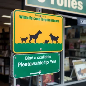 Wildlife and regulations signage near a pet shop.