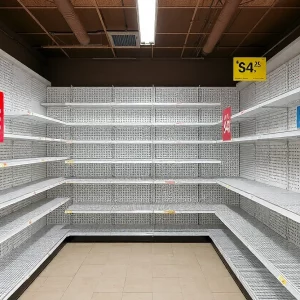 Empty retail shelves with sale signs prominently displayed.