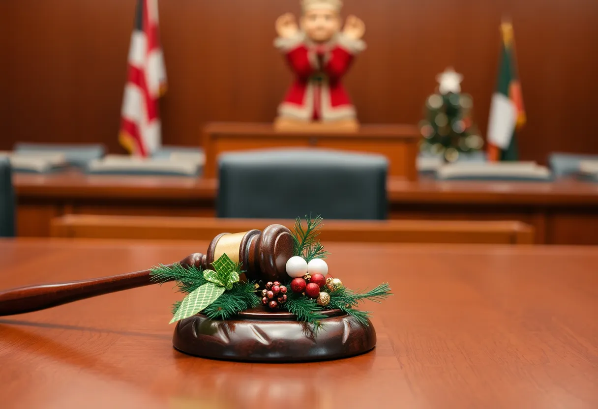 Gavel with holiday decorations on a courtroom table.