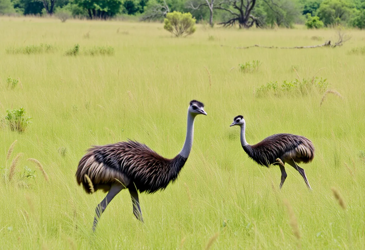 Emus wandering freely in a lush green landscape.