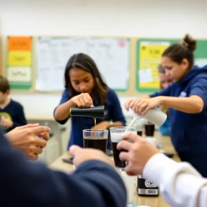 Diverse hands preparing coffee in a school setting.