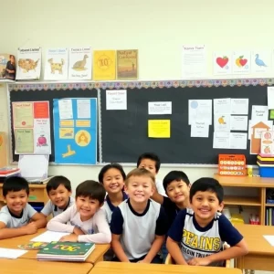 Diverse classroom with bilingual educational materials and happy students.