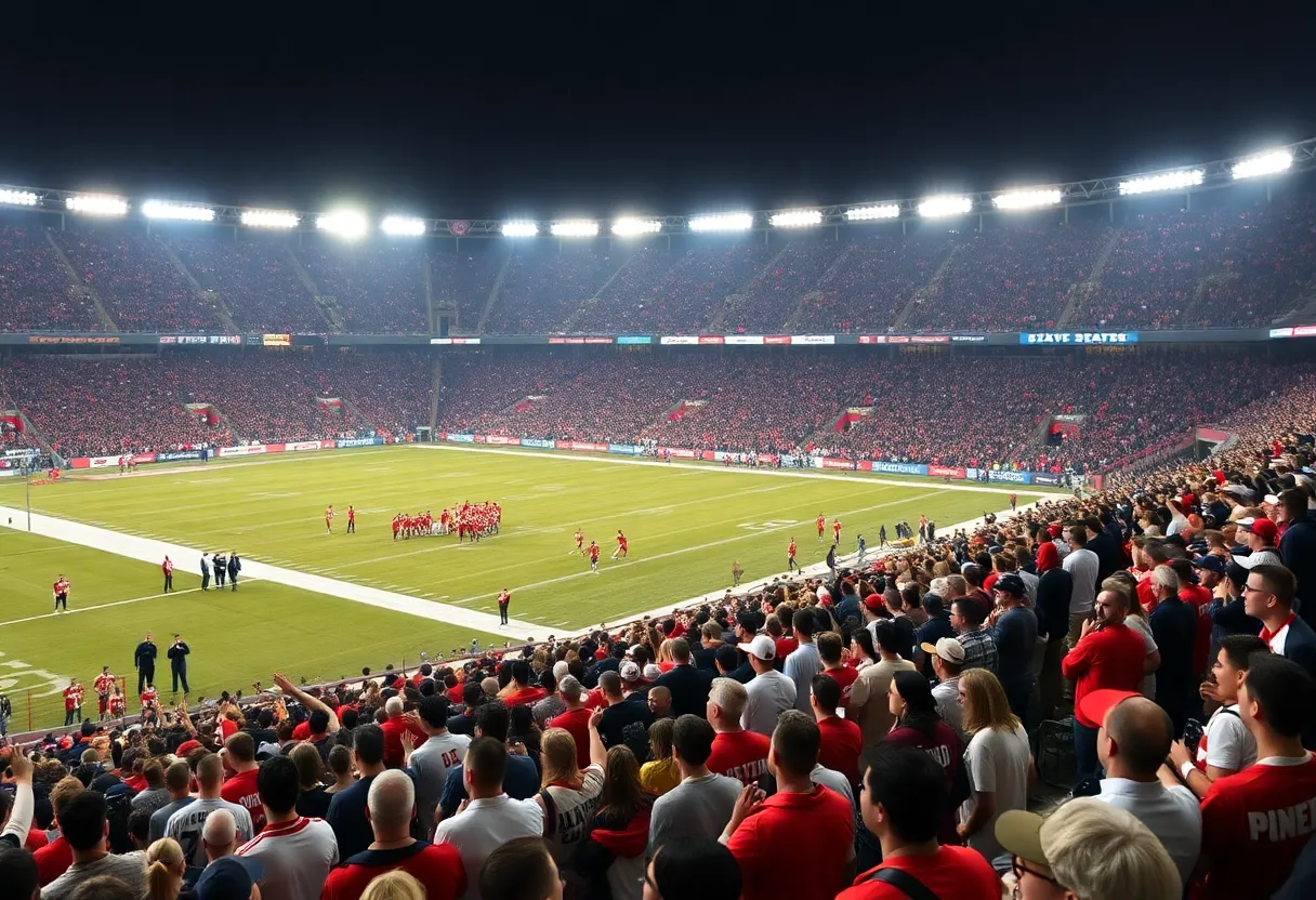 Football stadium filled with excited fans in team colors.