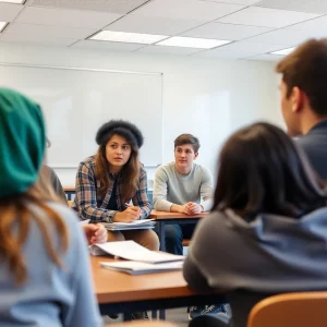 Students engaged in a classroom discussion about ethics.