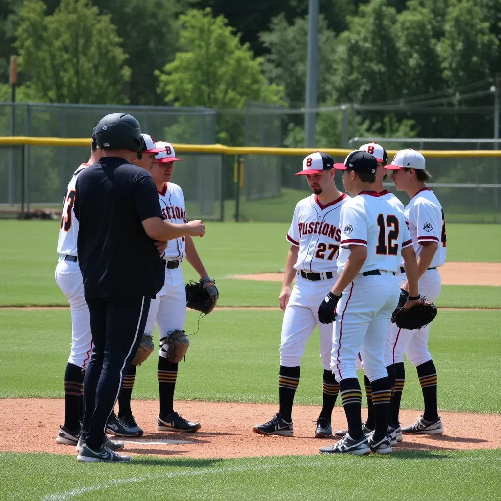 Baseball team regrouping on field for next season's challenge.