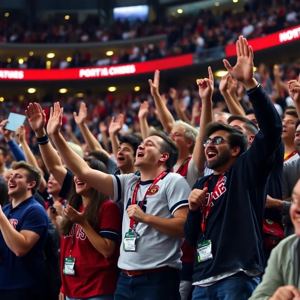 Celebratory sports fans cheering in a crowded stadium.