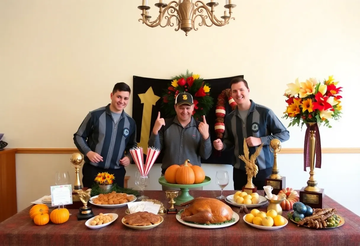 Thanksgiving feast celebration with sporting trophies and decorations.