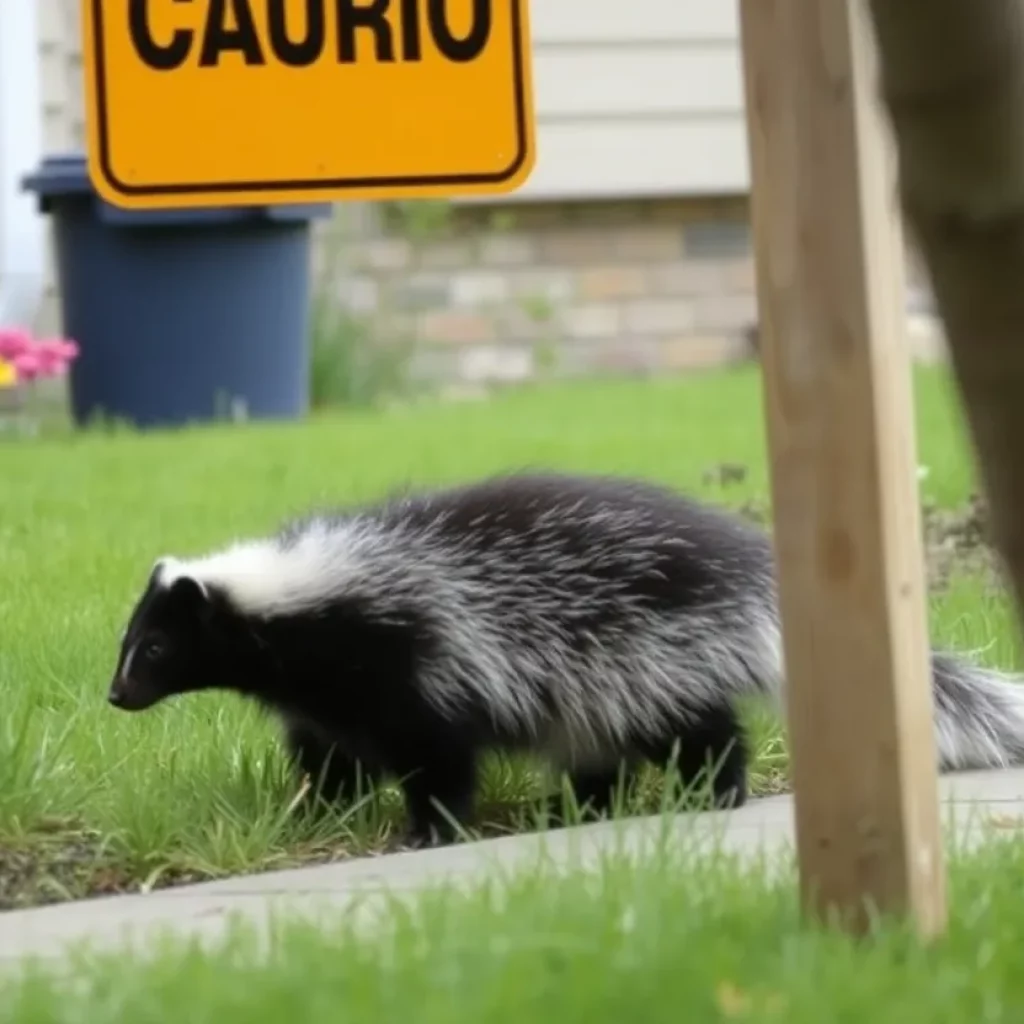 Skunk in a suburban garden under caution sign.