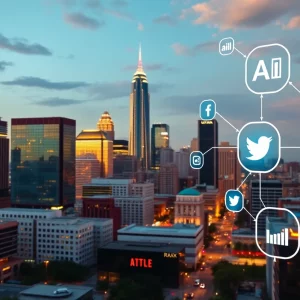 Vibrant cityscape of Atlanta depicting AI marketing tools and innovation.