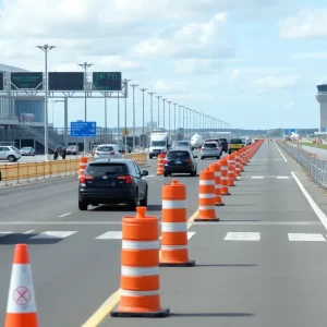 Construction work at Charleston International Airport with traffic detour signs.