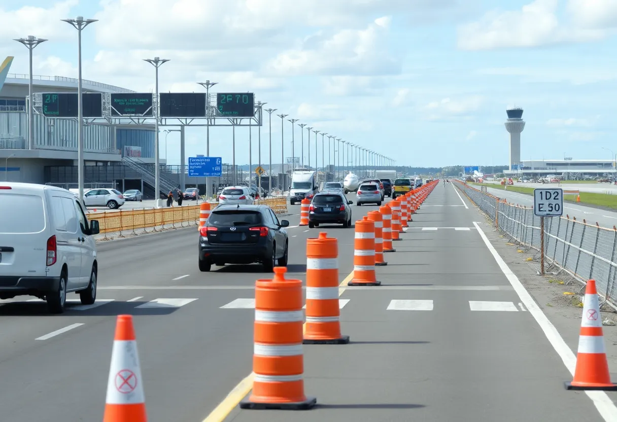 Construction work at Charleston International Airport with traffic detour signs.